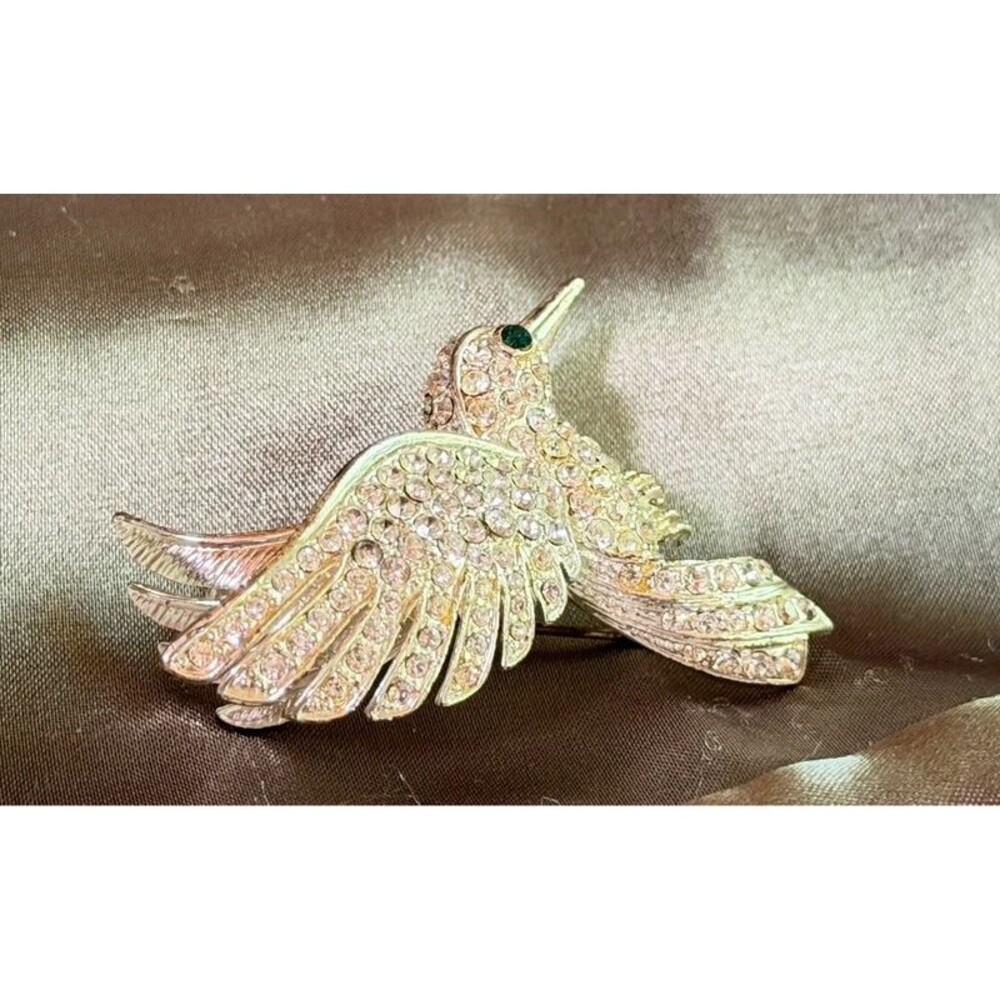 Vintage Rhinestone Hummingbird Brooch Silver Tone Clear Crystal Bird Pin
